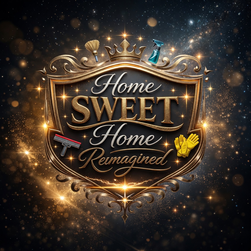 Home Sweet Home Reimagined crest — a gold shield with crown and cleaning tools on a sparkling night sky